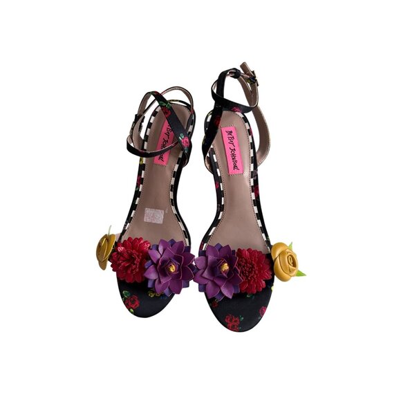 BETSEY JOHNSON Black Floral Ankle Strap Sandals Heels Size 7.5 - Picture 6 of 7